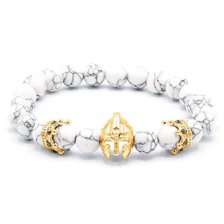 Victorious Natuurstenen Kralen Armband Heren – Bronzen Gladiator – Wit – 17.5cm