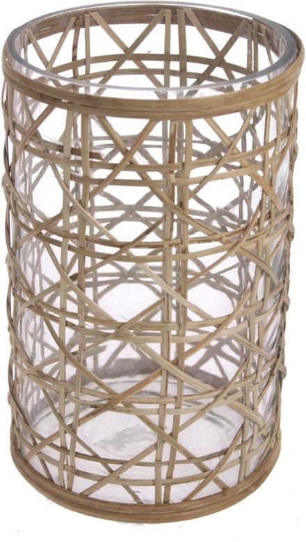 Windlicht glas/vlechtwerk Ø12xH21cm