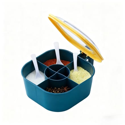 longziming -Voedselkwalitatief Plastic Kruidenbox Set - 4-compartimenten Blauw Met 4 Lepels