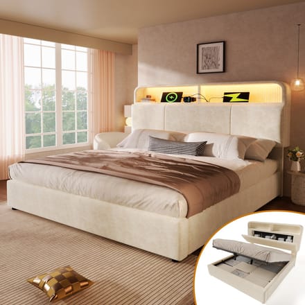 Gestoffeerd bed - 140x200 cm - Hydraulisch Bed met USB & LED - Verstelbaar Hoofdbord - Fluweel - Beige