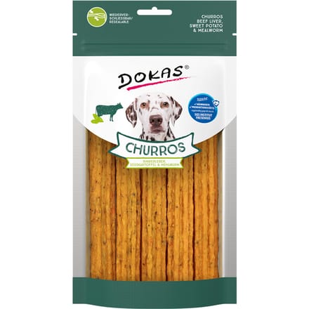 Voordeelpakket: 4x ca. 150g Dokas Churros met runderlever, zoete aardappel & meelworm hondensnacks