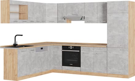 Vicco Hoekkeuken R-Line, Beton/Goudkleurig Eiken, 287 x 227 cm, WB Eik