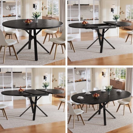 Ronde Eettafel - 100(140) cm - Uitschuifbare Tafel Marmorlook - Keukentafel Ontbijttafel - Metaal/MDF - Zwart