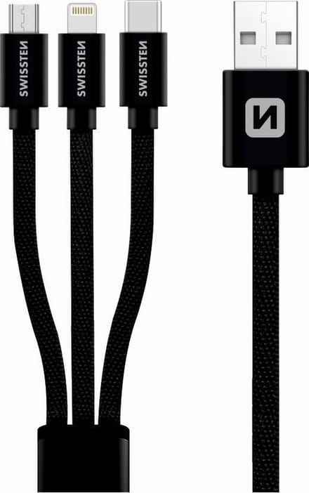 Swissten 3 in 1 kabel - Micro USB / USB-C / Lightning MFI Gecertificeerd Kabel - 1.2M - Zwart