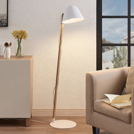 Lindby - vloerlamp - 1licht - metaal, hout - H: 128 cm - E27 - wit, helder hout