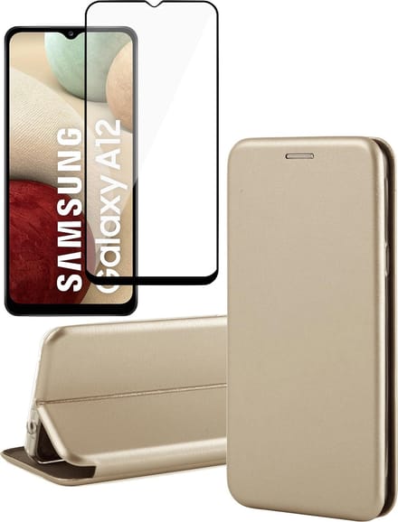 Hoesje geschikt voor Samsung Galaxy A12 - Screen Protector FullGuard - Book Case Kunstleer ThinShield Goud & Screenprotector