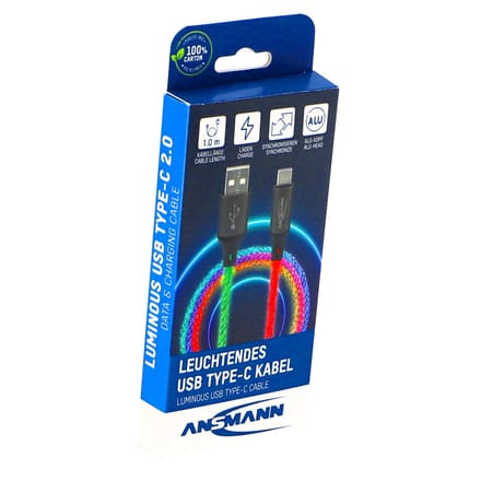 Ansmann USB-C kabel met LED verlichting - kleurrijke oplaadkabel 100cm.
