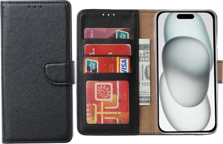 Hoesje Geschikt voor iPhone 15 – Arara bookcase met pasjeshouder- Zwart