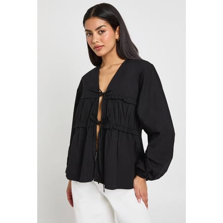 boohoo Dames Strikblouse met Ruches in Poplin | Zwart | Maat: 38