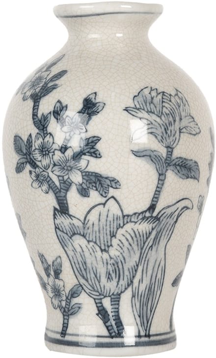 Clayre & Eef Vaas Ø 9x15 cm Wit Blauw Keramiek Bloemen