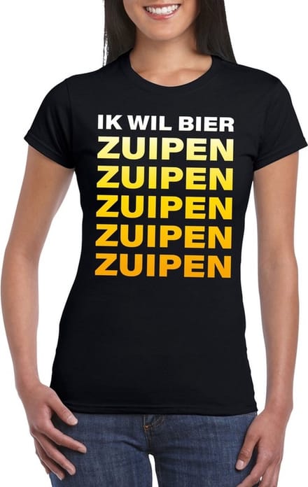 Ik wil bier zuipen tekst t-shirt zwart dames M