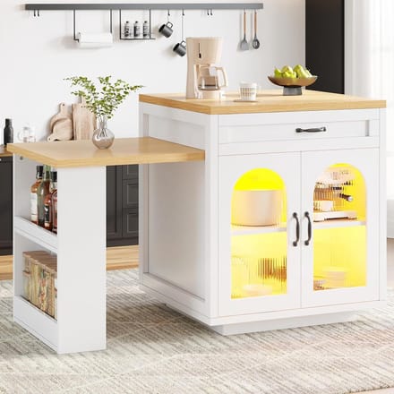 Keukeneiland met LED - Moderne opberger - Extra werkruimte - Uittrekbaar tafelblad - 196 cm lengte - Wit