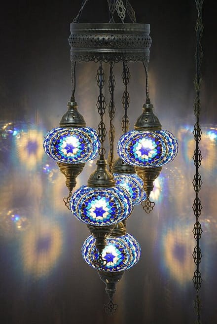 Turkse hanglamp - mozaïek glas blauw - 5 bollen - hoogte 110 cm - E-14 fitting