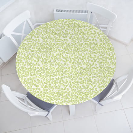 ABAKUHAUS Natur elastisch rond tafelkleed, groene bladeren, allround elastisch tafelkleed, 90 cm - 100 cm, ecru