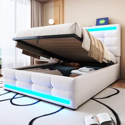 MODFU Bedframe 90x200 cm – Linnenlook met RGB LED (app) & verstelbaar hoofdbord – Beige