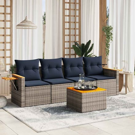 vidaXL - 5-delige - Loungeset - met - kussens - poly - rattan - grijs