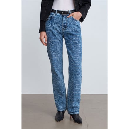 Hoge Taille Rechte Jeans met Textuur