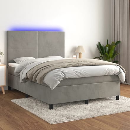 vidaXL - Boxspring - met - matras - en - LED - fluweel - lichtgrijs - 140x200 - cm
