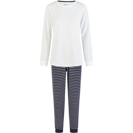 By Louise Dames Winter Pyjama Set Lang Badstof Wit/Donkerblauw Gestreept - Maat S