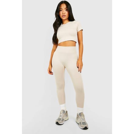 boohoo Dames Petite naadloze rib leggings | Steen | Maat: Large