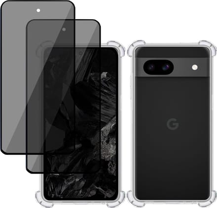 Hoesje + 2x Privé Screenprotector geschikt voor Google Pixel 8a – Privacy Tempered Glass - Case Transparant