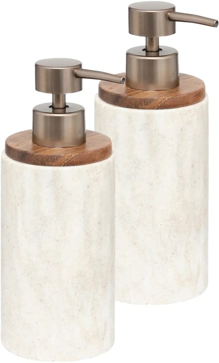 5Five Zeeppompje/dispenser Como Marble - 2x - kunststeen - wit - 7 x 19 cm - 300 ml - badkamer/keuken accessoires