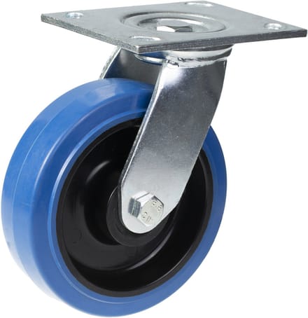 Draaibare wiel van 160 mm met blauw elastisch rubber op een nylon middenwiel