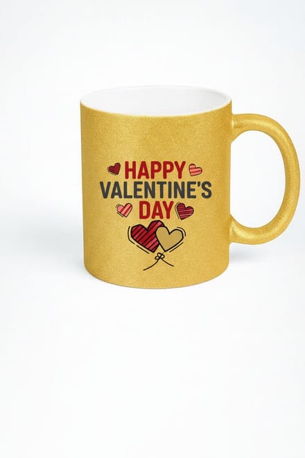 Luxe Gouden Glitter Mok 'Happy Valentine's Day' - Romantisch Valentijnscadeau met Hartjes