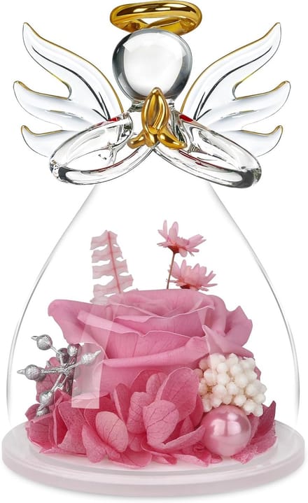 Engel met Roos - Bloemen Engel - Cadeau Geven - Echt Roze Bloem - 11 cm Hoog - Roze