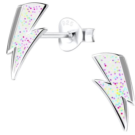Joy|S - Zilveren bliksem oorbellen - 5 x 10 mm - wit zilver met glitter