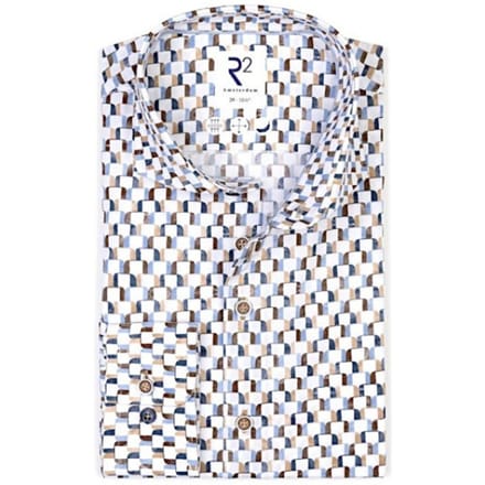 R2 Poplin Overhemd Print Multicolor - Maat 45 - Heren - Overhemden Formeel