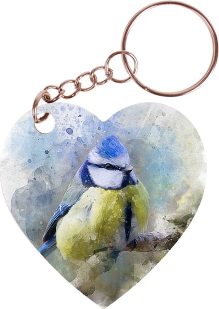 Sleutelhanger hartje 5x5cm - Aquarel Pimpelmees