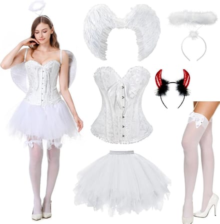 Kostuum Set: Engel en Duivel Vleugels met Kant Corset en Accessoires voor Dames
