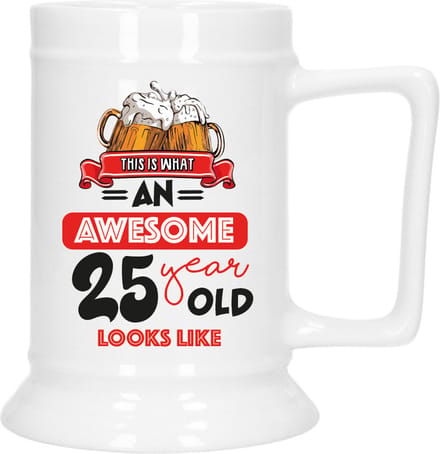 Bellatio Decoration Cadeau Bierpul voor 25 jaar - rood - grappige leeftijd bierpul - 530 ml