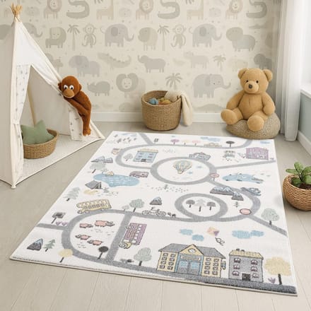Dailygoods - Vloerkleed voor Kinderkamer - Crème met Auto Motief