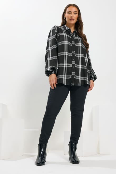 Yours Zwarte Geruite Blouse Met Ballonmouwen Size 48
