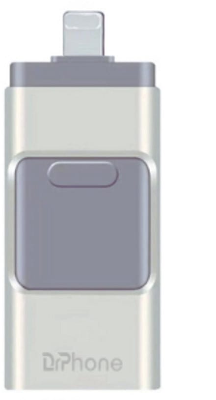 DrPhone 64GB 3-in-1 Flashdrive USB Stick – USB 3.0 + Micro USB + Lightning – Inclusief USB-C OTG Adapter – Geschikt voor iPhone, Android & Tablet – Zilver