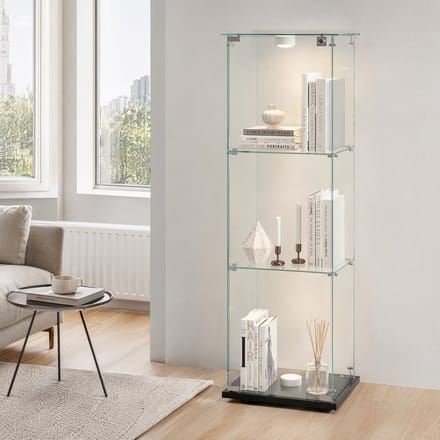 Vitrinekast met glas 3 legplanken en RGB LED verlichting, zwart design