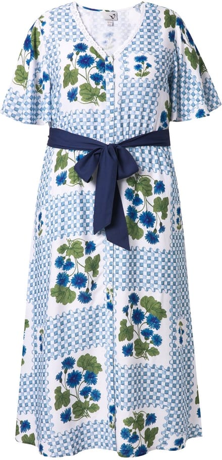 Ulla Popken - Dames - Maxi-jurk ruiten/bloemen V-hals korte mouwen - Off-white - Maat 42+