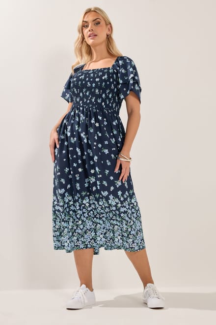 Yours Marineblauwe Maxijurk Met Bloemenprint En Smokwerk Size 42