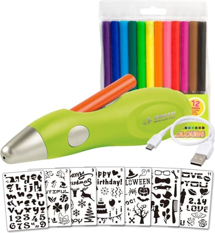 Jolly Airbrush Fun - Schilderen met Spuitpen - Creatieve Set - 12 Kleuren - Inclusief Sjablonen