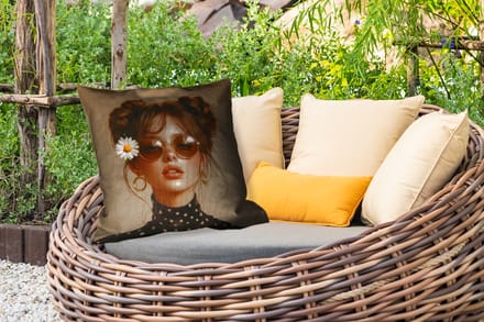Sierkussen Buiten - Vrouw - Beige - Bloem - Modern - Portret - 60x60 cm - Weerbestendig