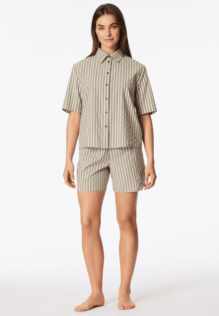 Korte pyjama van geweven stof met strepen, olijfgroen - Selected Premium 40