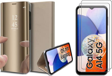 Hoesje geschikt voor Samsung Galaxy A14 - 2x Screen Protector GlassGuard - Book Case Spiegel Goud & Screenprotector