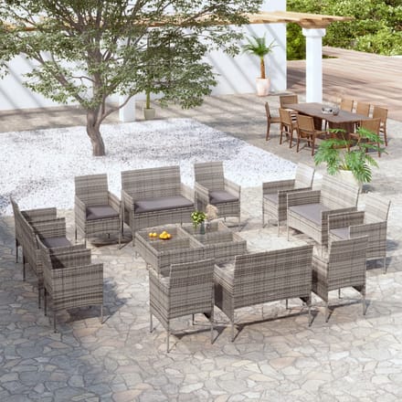 vidaXL - 16-delige - Loungeset - met - kussens - poly - rattan - grijs
