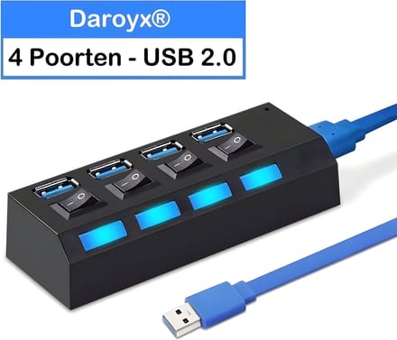 Daroyx® DXU2X4Pro 2.0 USB Hub - USB Splitter - 4 USB 2.0 poorten met Aan/Uit Schakelaar en Led Indicator