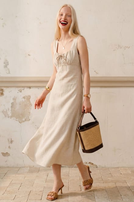 Midi Linnen Jurk met Strikdetail