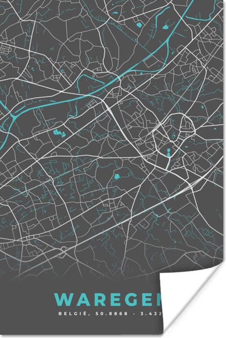 Poster België – Waregem – Stadskaart – Kaart – Blauw – Plattegrond - 60x90 cm