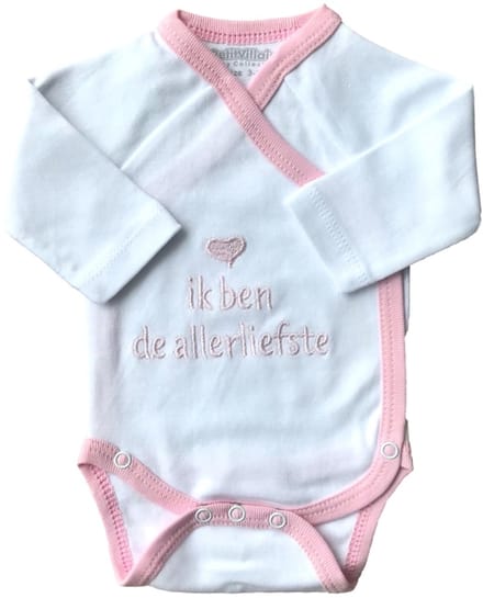 Baby romper - tekst - ik ben de allerliefste - kleding - omslagromper - wit roze