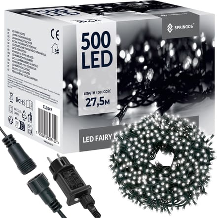 Springos Kerstverlichting | 27,5 m | 500 LED | Koud Wit | 8 Lichtfuncties